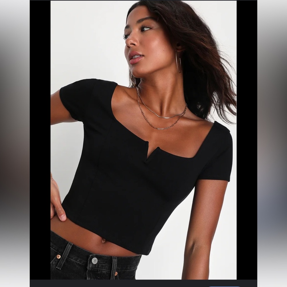 Lulus Trendy Poise Black Notched Short Sleeve Crop Top S Square Neck